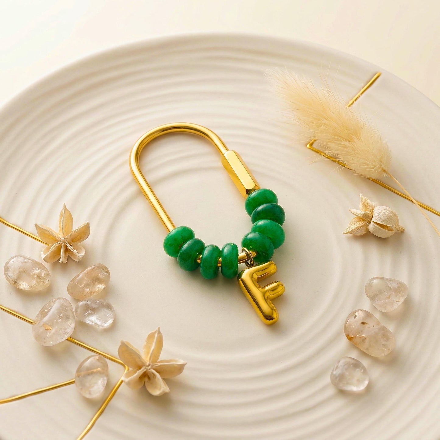 Mala Green Beaded Initial Keychain, Gold Carabiner Keyring, Custom Letter Purse Charm, Personalized Birthday, gift for mom