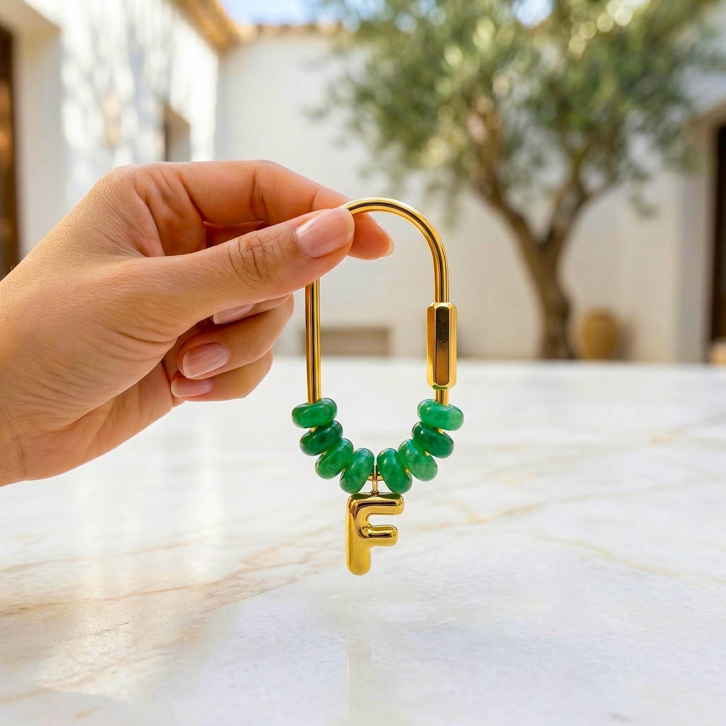Mala Green Beaded Initial Keychain, Gold Carabiner Keyring, Custom Letter Purse Charm, Personalized Birthday, gift for mom