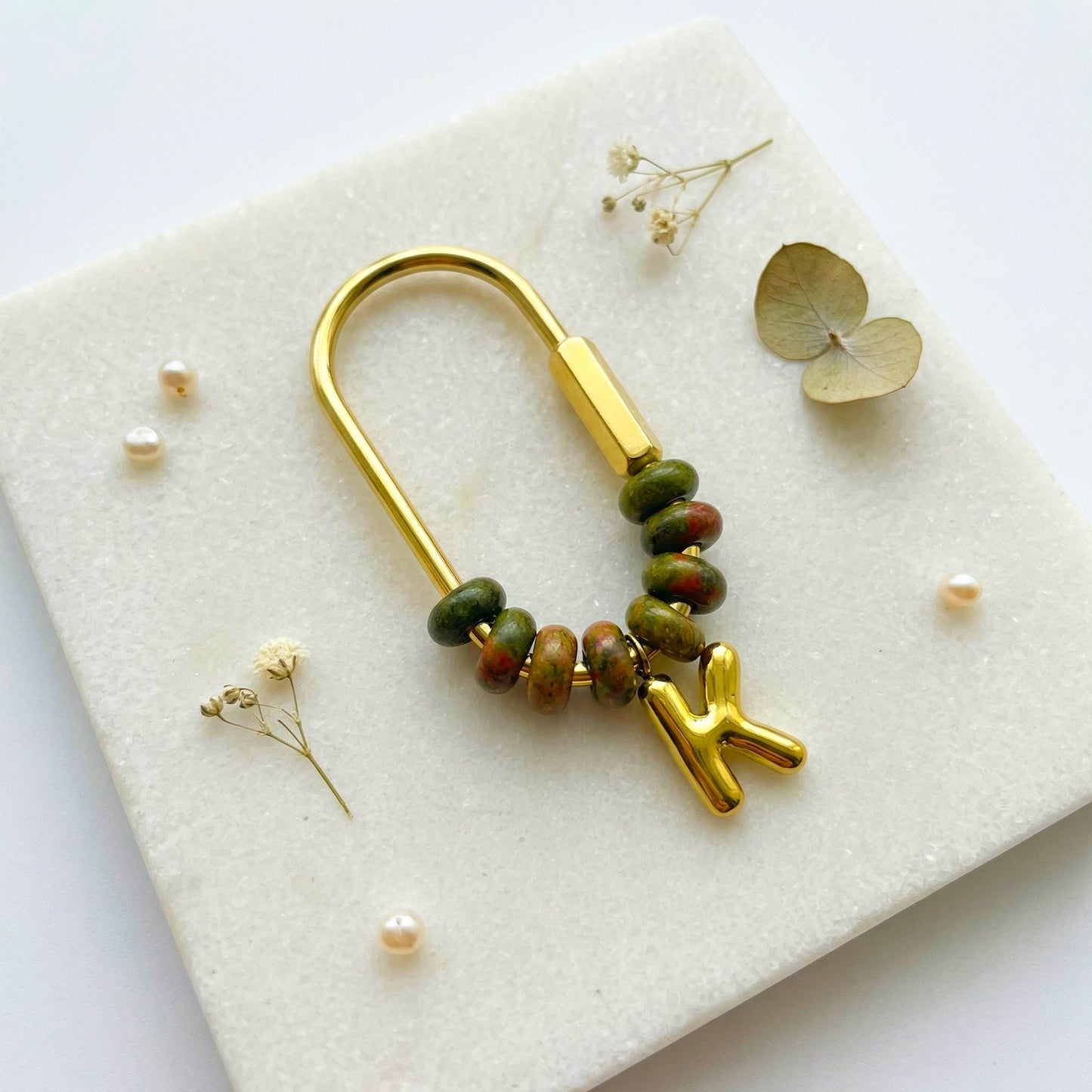 Custom Initial Bag Charm, Natural Stone Beaded Keychain, Gold Letter Keyring, Personalized Purse Accessory, Bridesmaid Gift
