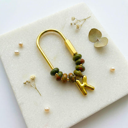 Custom Initial Bag Charm, Natural Stone Beaded Keychain, Gold Letter Keyring, Personalized Purse Accessory, Bridesmaid Gift
