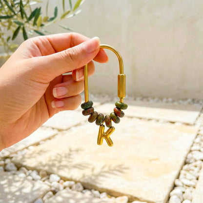 Custom Initial Bag Charm, Natural Stone Beaded Keychain, Gold Letter Keyring, Personalized Purse Accessory, Bridesmaid Gift