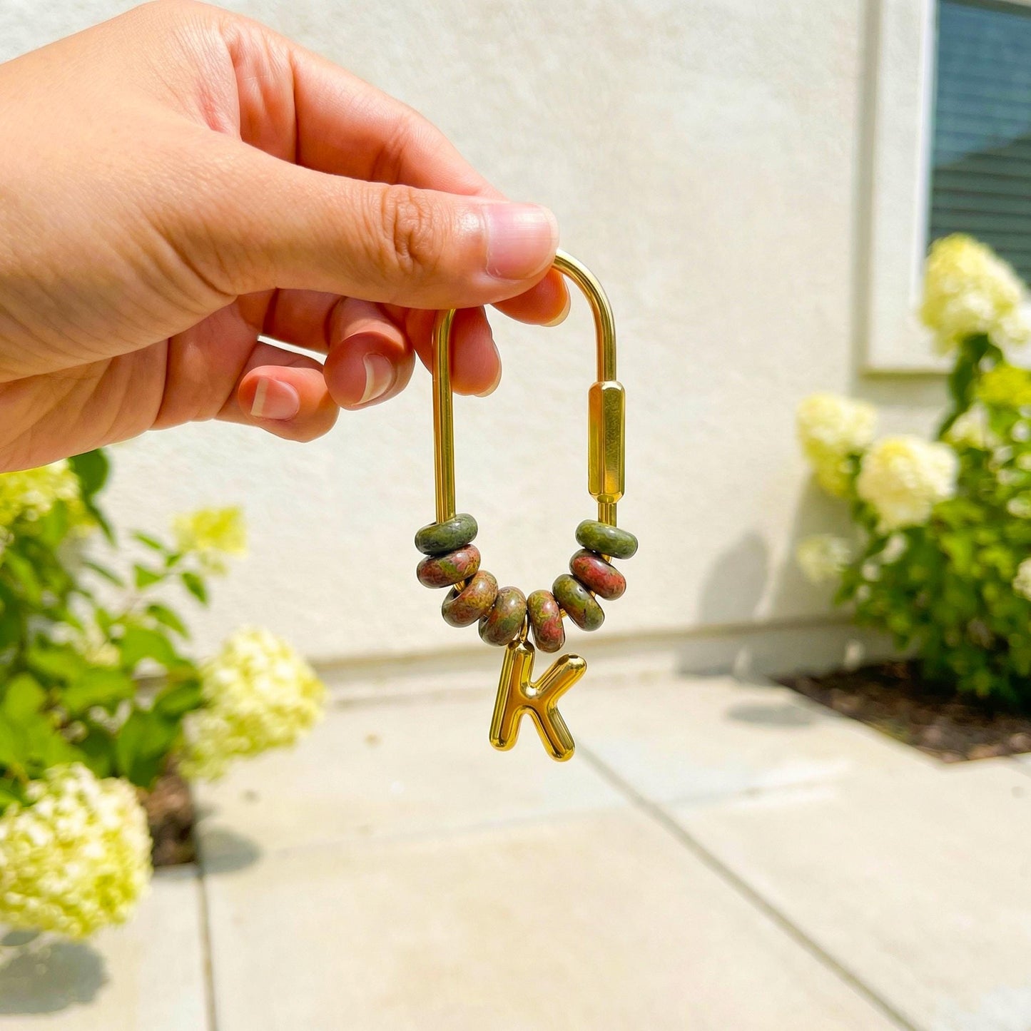 Custom Initial Bag Charm, Natural Stone Beaded Keychain, Gold Letter Keyring, Personalized Purse Accessory, Bridesmaid Gift