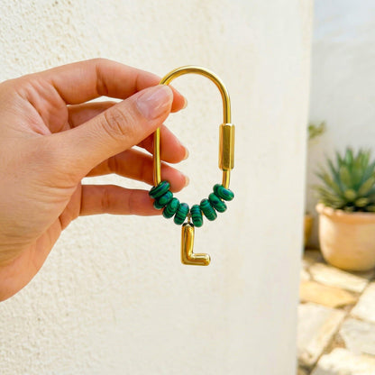 Malachite Beaded Initial Keychain, Custom Gold Letter Bag Charm, Personalized Name Keyring, Bridesmaid Gift, Natural Stone Purse Charm