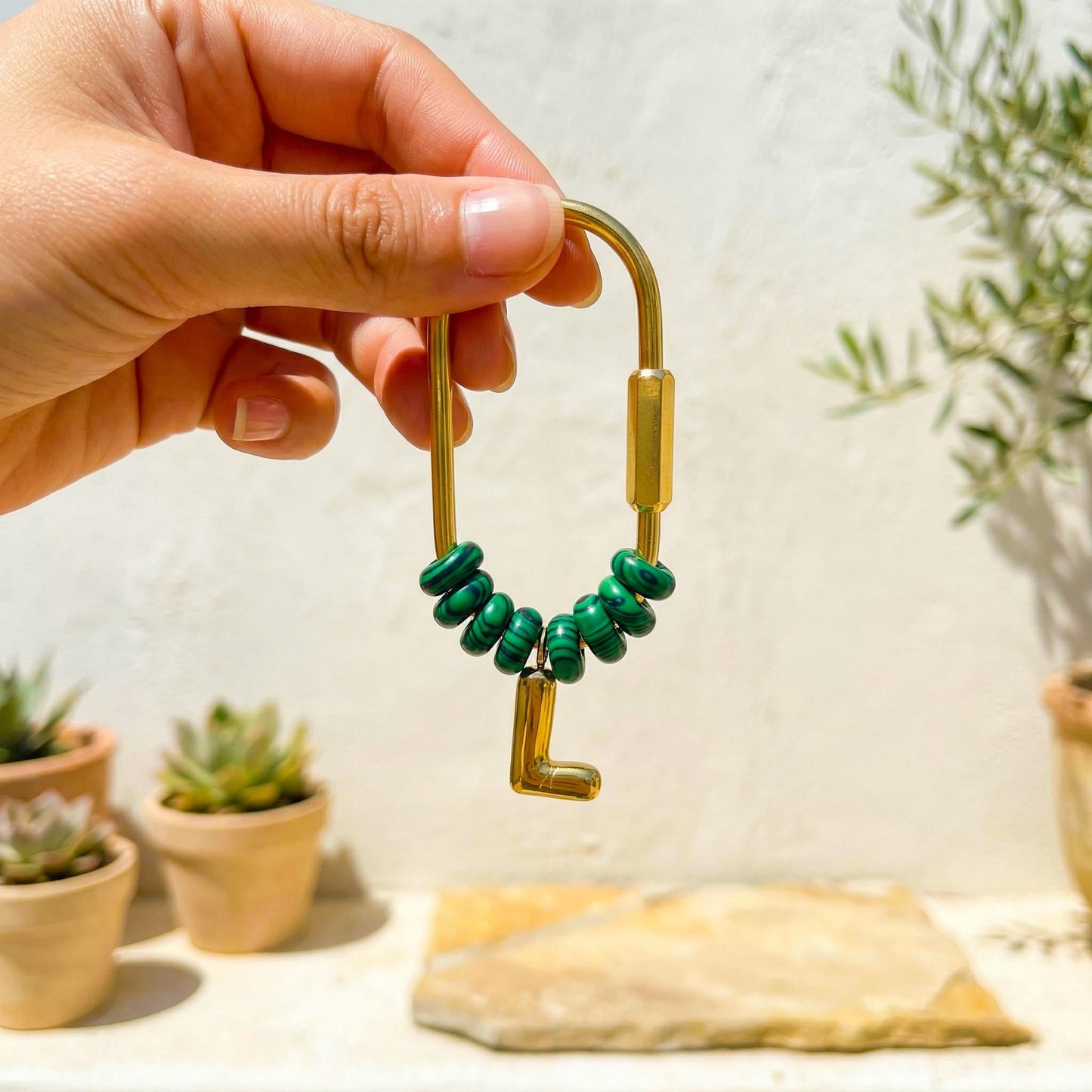 Malachite Beaded Initial Keychain, Custom Gold Letter Bag Charm, Personalized Name Keyring, Bridesmaid Gift, Natural Stone Purse Charm