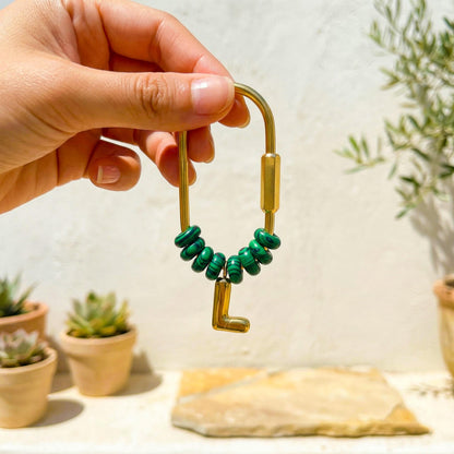 Malachite Beaded Initial Keychain, Custom Gold Letter Bag Charm, Personalized Name Keyring, Bridesmaid Gift, Natural Stone Purse Charm