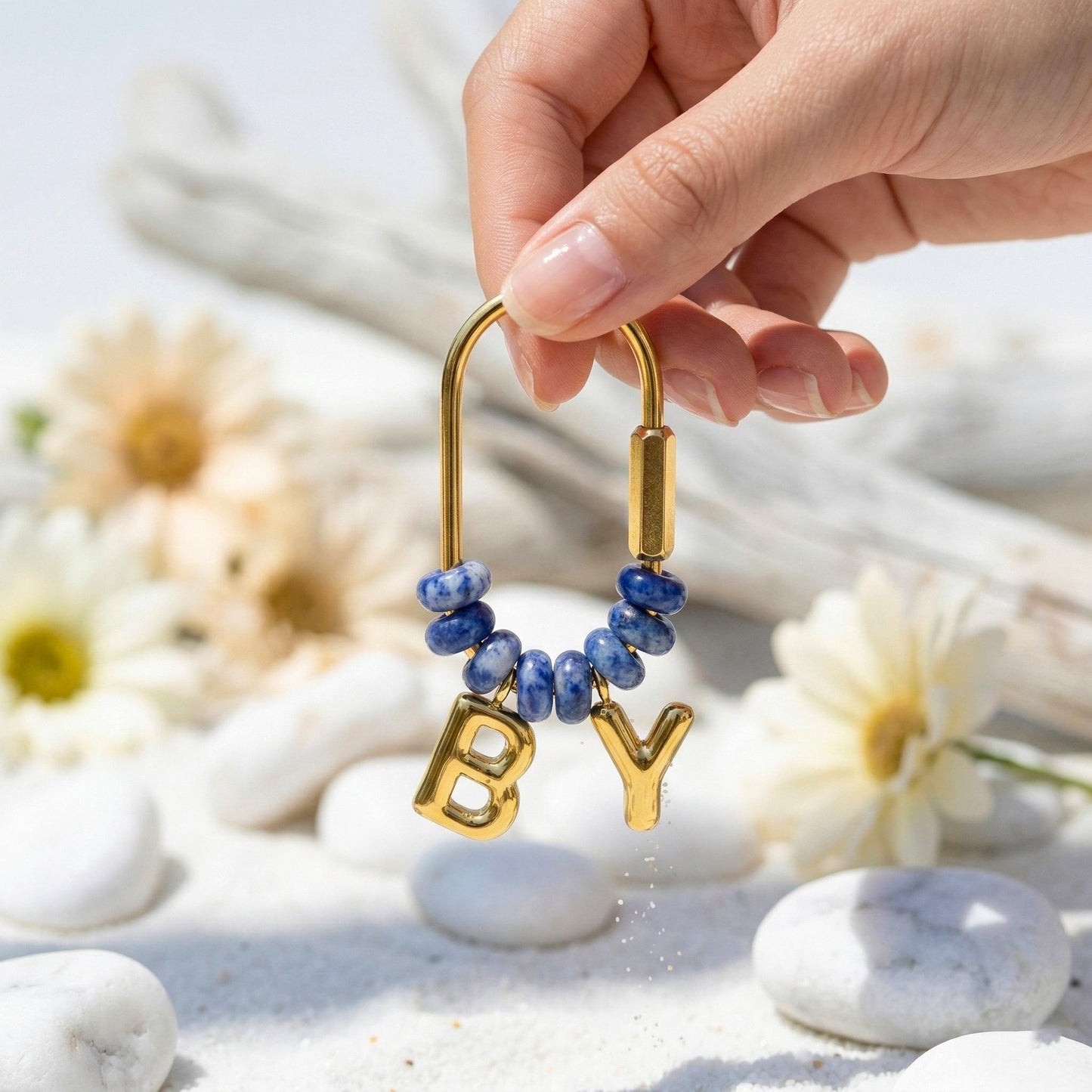 Custom Gold Initial Bag Charm, Natural Stone Beaded Letter Keychain, Personalized Bridesmaid Gift, Purse Accessory, Gift for Mom