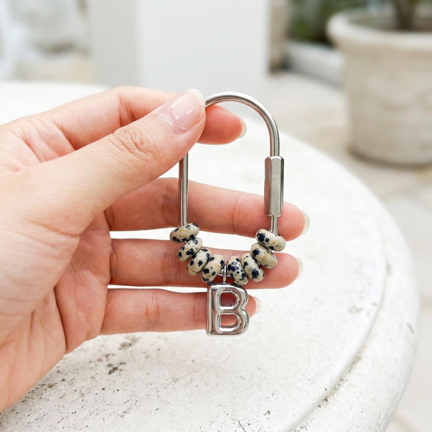 Custom Beaded Natural Stone Initial Bag Charm, Silver Plated Charm Accessory, Bridesmaids Gift