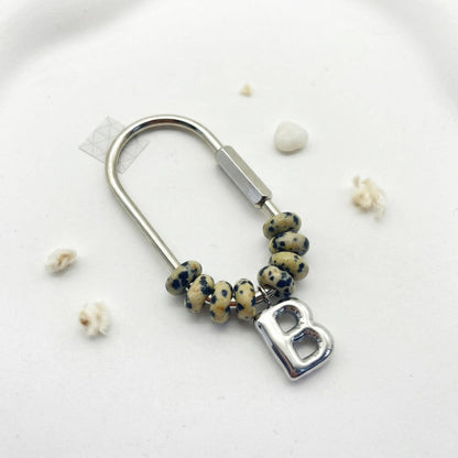 Custom Beaded Natural Stone Initial Bag Charm, Silver Plated Charm Accessory, Bridesmaids Gift
