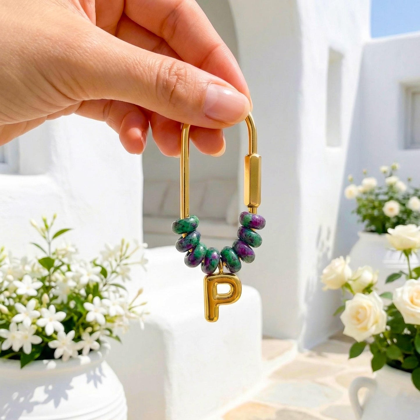 Personalized Initial Stone Keychain, Gold Beaded Letter Charm Ring Keyring, Custom Bridesmaid Gift, Natural Stone Bag Charm Accessory