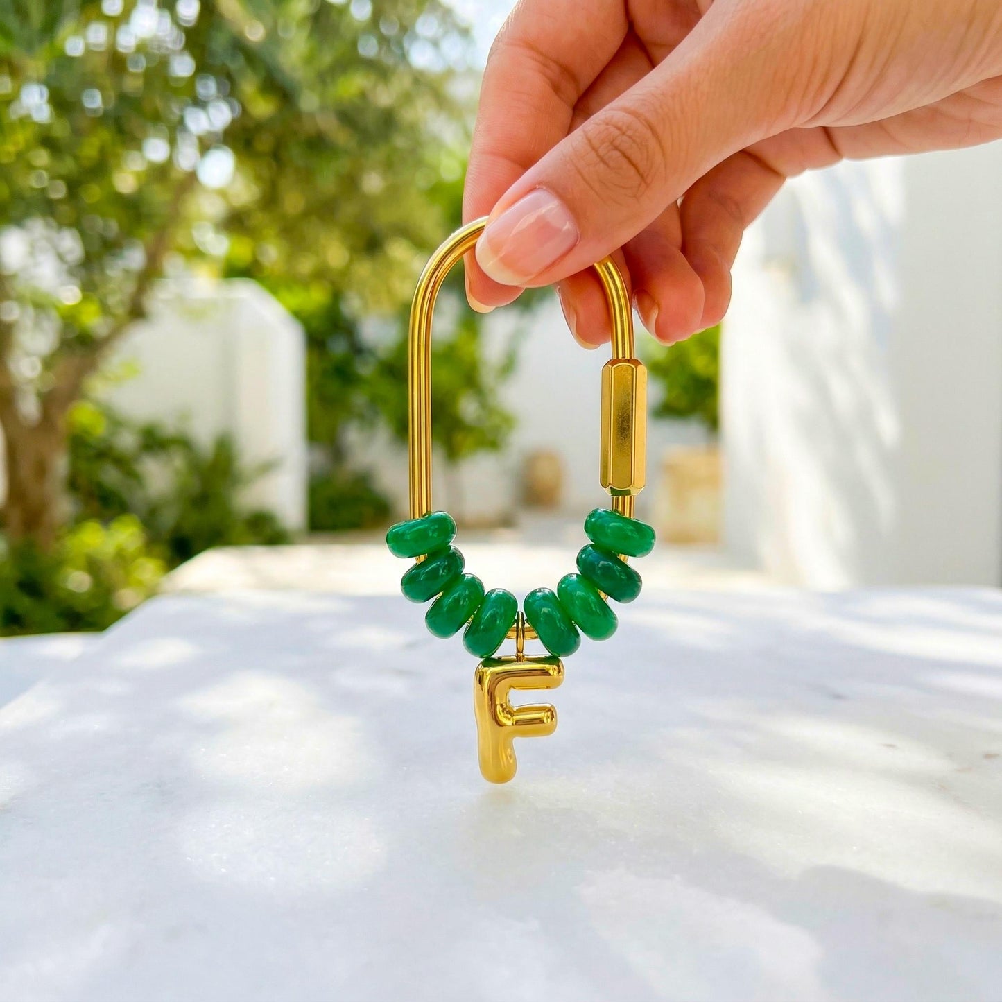 Mala Green Beaded Initial Keychain, Gold Carabiner Keyring, Custom Letter Purse Charm, Personalized Birthday, gift for mom