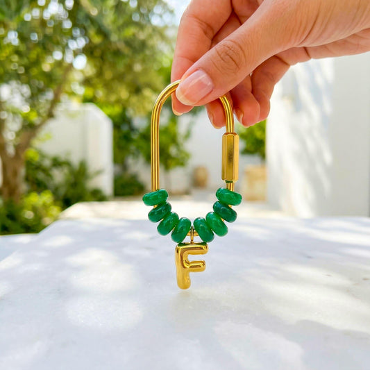 Mala Green Beaded Initial Keychain, Gold Carabiner Keyring, Custom Letter Purse Charm, Personalized Birthday, gift for mom