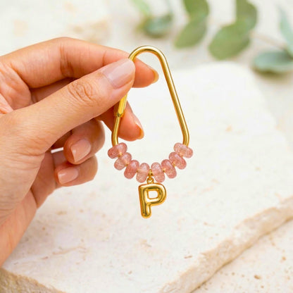 Personalized Initial Keychain, Strawberry Quartz Beaded Letter Charm, Gold D-Ring Keyring, Pink Crystal Bag Charm, Custom Bridesmaid Gift