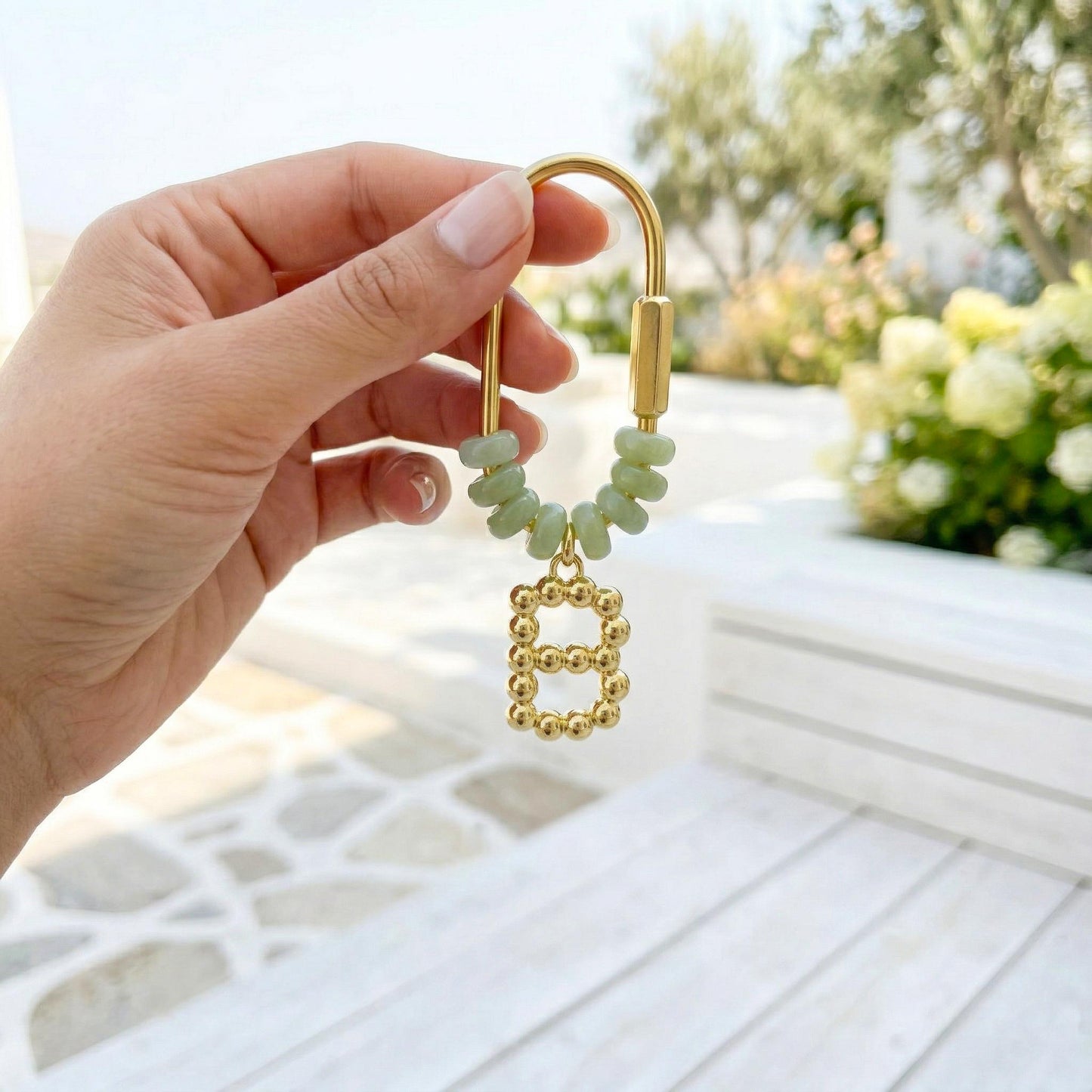 Personalized Gold Initial Bag Charm, Green Natural Stone Letter Keychain, Custom Bridesmaid Gift, Backpack Accessory for Mom