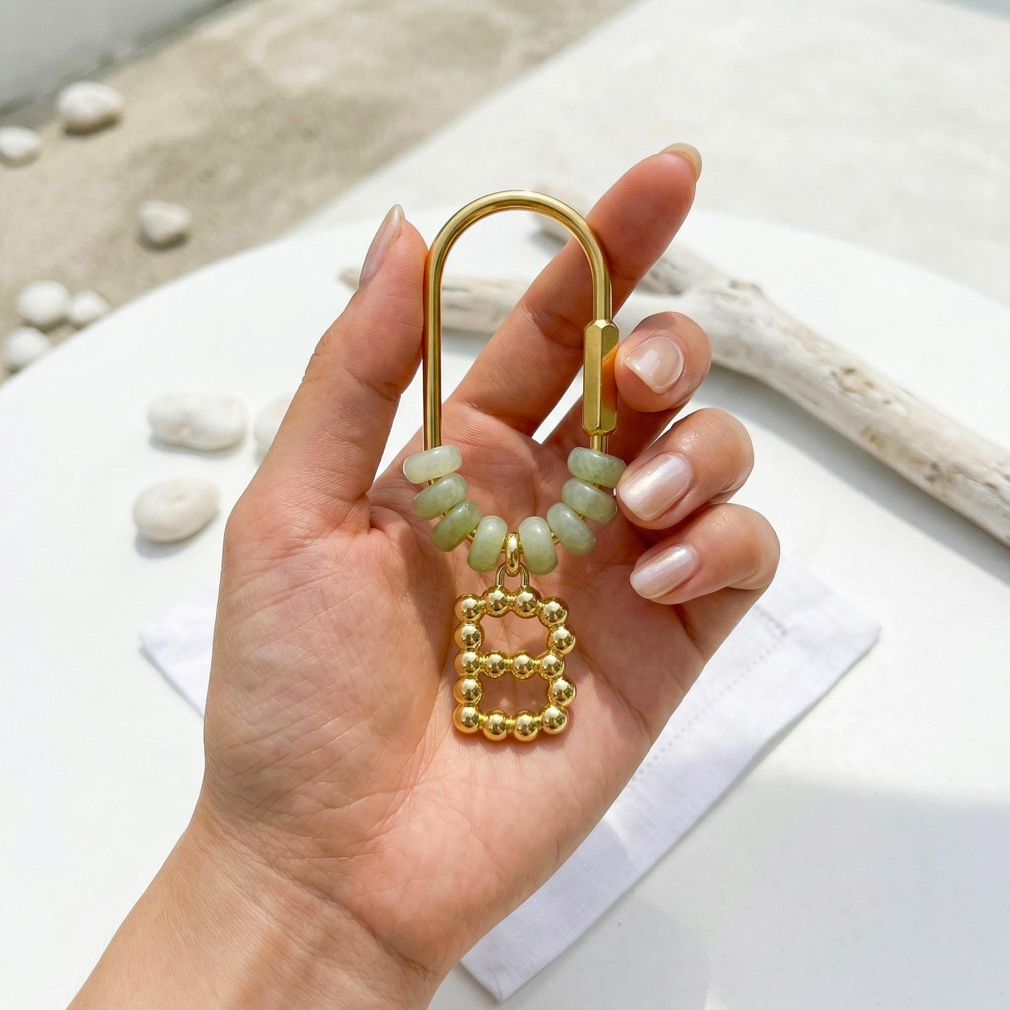 Personalized Gold Initial Bag Charm, Green Natural Stone Letter Keychain, Custom Bridesmaid Gift, Backpack Accessory for Mom