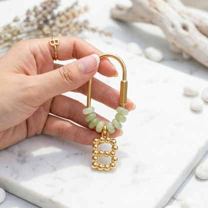 Personalized Gold Initial Bag Charm, Green Natural Stone Letter Keychain, Custom Bridesmaid Gift, Backpack Accessory for Mom