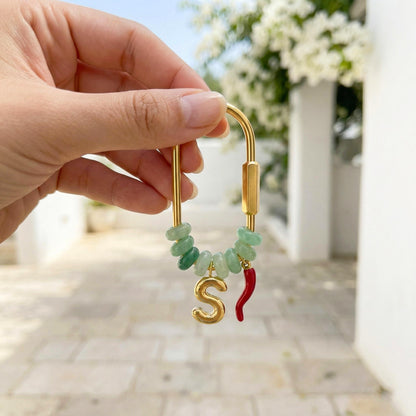 Custom Gold Initial Natural Stone Bag Charm, Beaded Personalized Keychain with Lucky Chili Pendant, Bridesmaid Gift