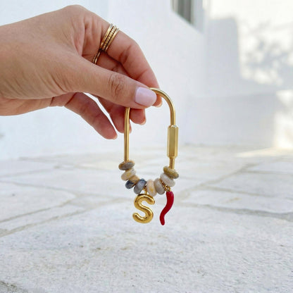 Custom Initial Gold Letter S Bag Charm, Mixed Natural Stone Bead Keychain, Personalized Lucky Chili Pendant Bridesmaid Gift for Her