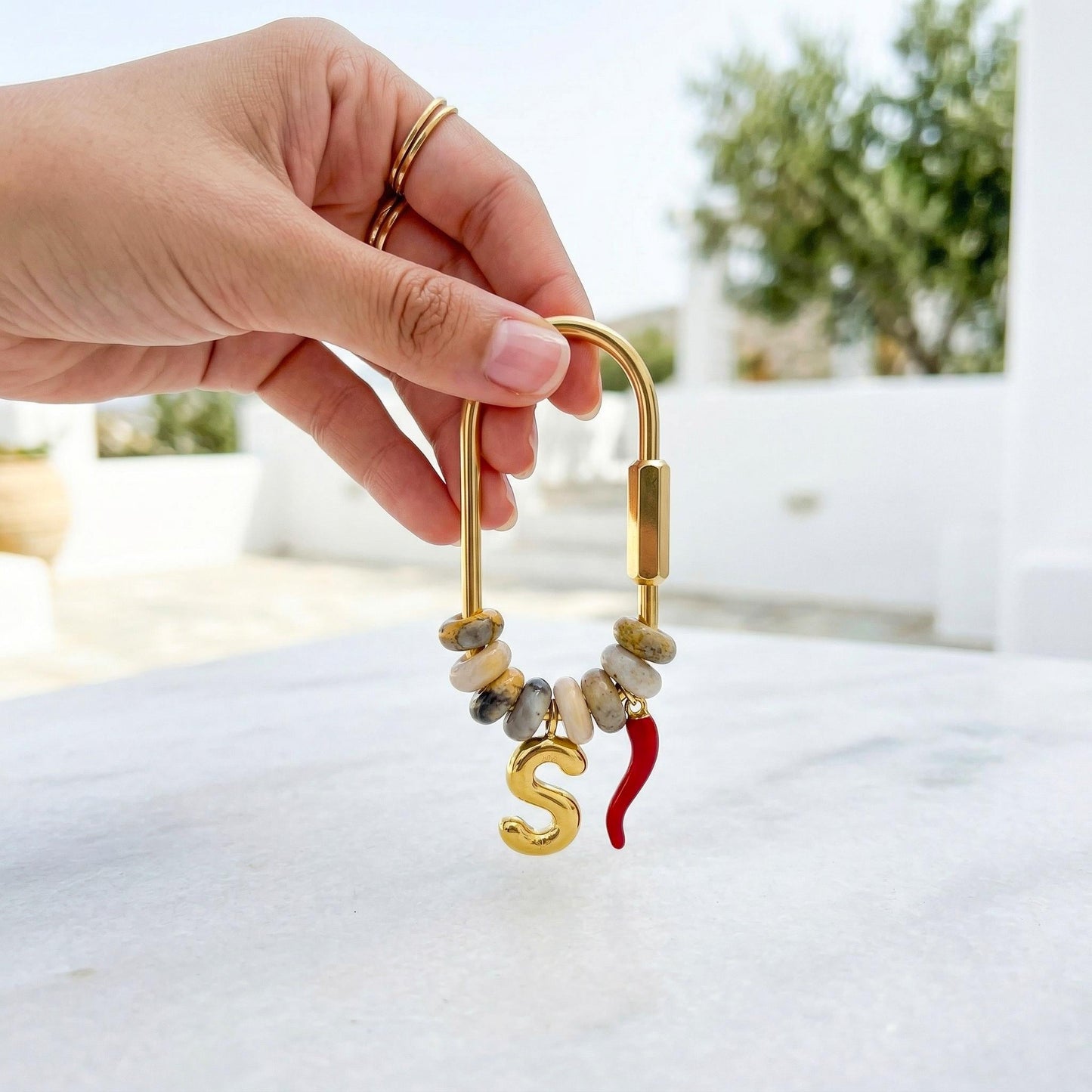 Custom Initial Gold Letter S Bag Charm, Mixed Natural Stone Bead Keychain, Personalized Lucky Chili Pendant Bridesmaid Gift for Her