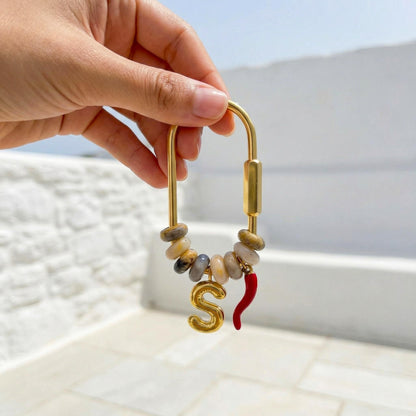Custom Initial Gold Letter S Bag Charm, Mixed Natural Stone Bead Keychain, Personalized Lucky Chili Pendant Bridesmaid Gift for Her