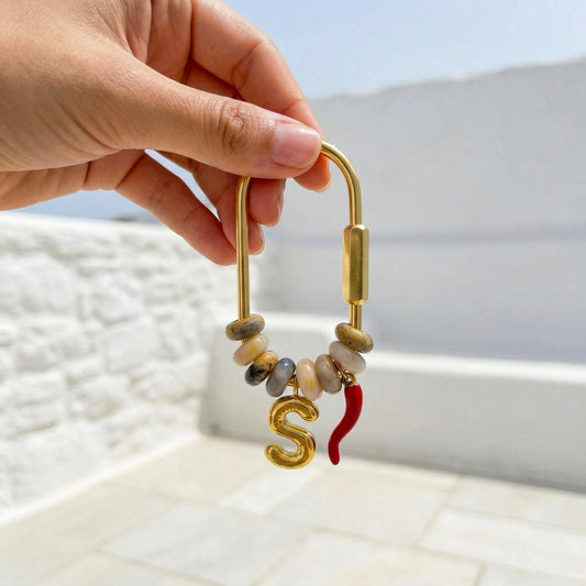 Custom Initial Gold Letter S Bag Charm, Mixed Natural Stone Bead Keychain, Personalized Lucky Chili Pendant Bridesmaid Gift for Her