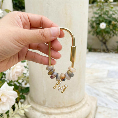 Natural Stone Bag Charm, Custom Pearl Initial Gold Letter Keychain, Beaded Purse Accessory, Personalized Bridesmaid Gift for Mom