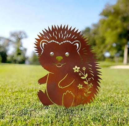 Hedgehog Yard Art Metal Stake, Garden Decor Animal, Outdoor Lawn Ornament, Rustic Backyard Decoration