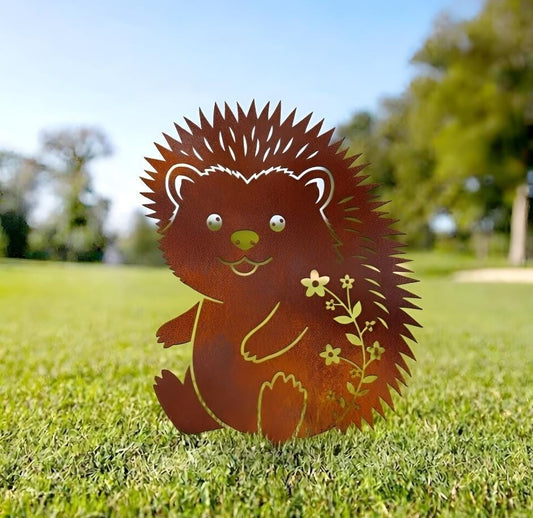 Hedgehog Yard Art Metal Stake, Garden Decor Animal, Outdoor Lawn Ornament, Rustic Backyard Decoration