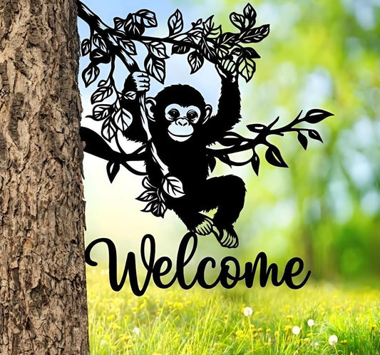 Monkey Welcome Sign Metal, Tree Hanging Monkey Decor, Jungle Animal Garden Sign Outdoor