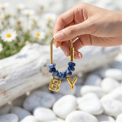 Custom Gold Initial Bag Charm, Natural Stone Beaded Letter Keychain, Personalized Bridesmaid Gift, Purse Accessory, Gift for Mom