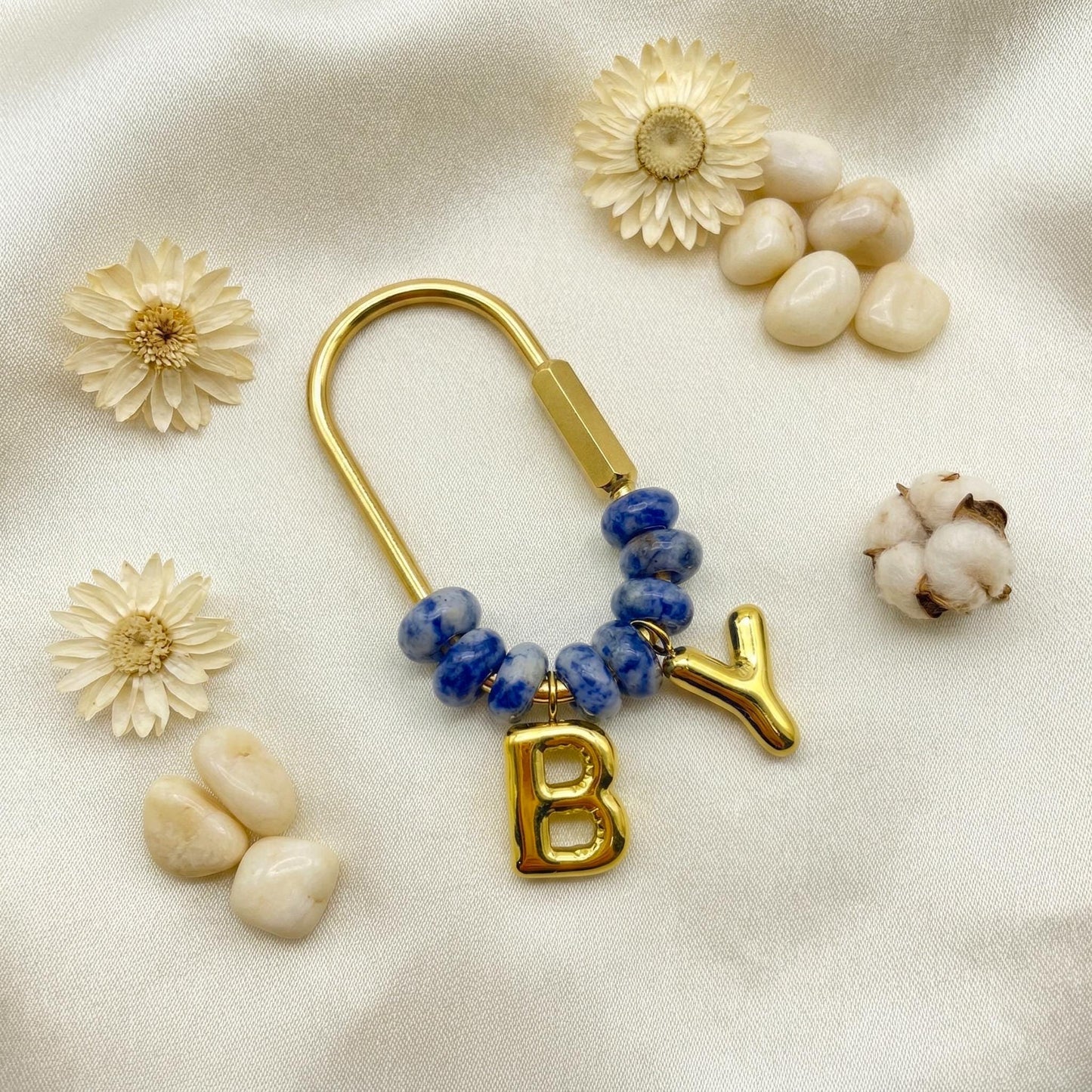 Custom Gold Initial Bag Charm, Natural Stone Beaded Letter Keychain, Personalized Bridesmaid Gift, Purse Accessory, Gift for Mom