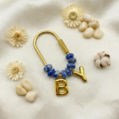Custom Gold Initial Bag Charm, Natural Stone Beaded Letter Keychain, Personalized Bridesmaid Gift, Purse Accessory, Gift for Mom
