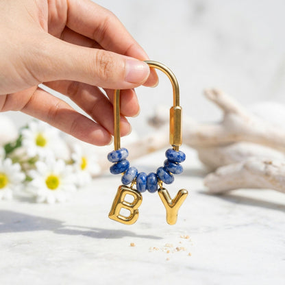 Custom Gold Initial Bag Charm, Natural Stone Beaded Letter Keychain, Personalized Bridesmaid Gift, Purse Accessory, Gift for Mom