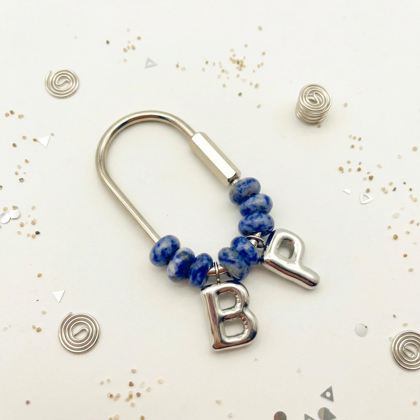 Personalized Stone Initial Bag Charm, Silver Letter Keychain, Custom Beaded Carabiner Accessory, Bridesmaid Proposal Gift