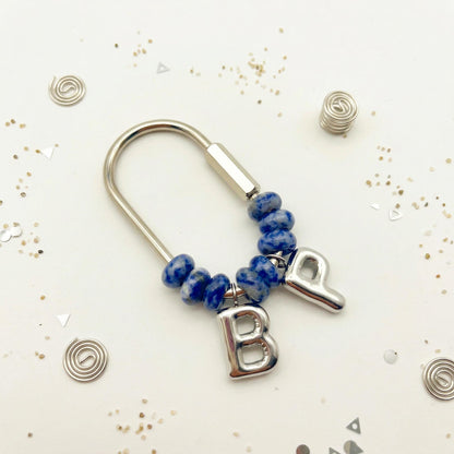 Personalized Stone Initial Bag Charm, Silver Letter Keychain, Custom Beaded Carabiner Accessory, Bridesmaid Proposal Gift