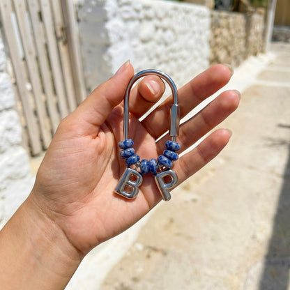 Personalized Stone Initial Bag Charm, Silver Letter Keychain, Custom Beaded Carabiner Accessory, Bridesmaid Proposal Gift