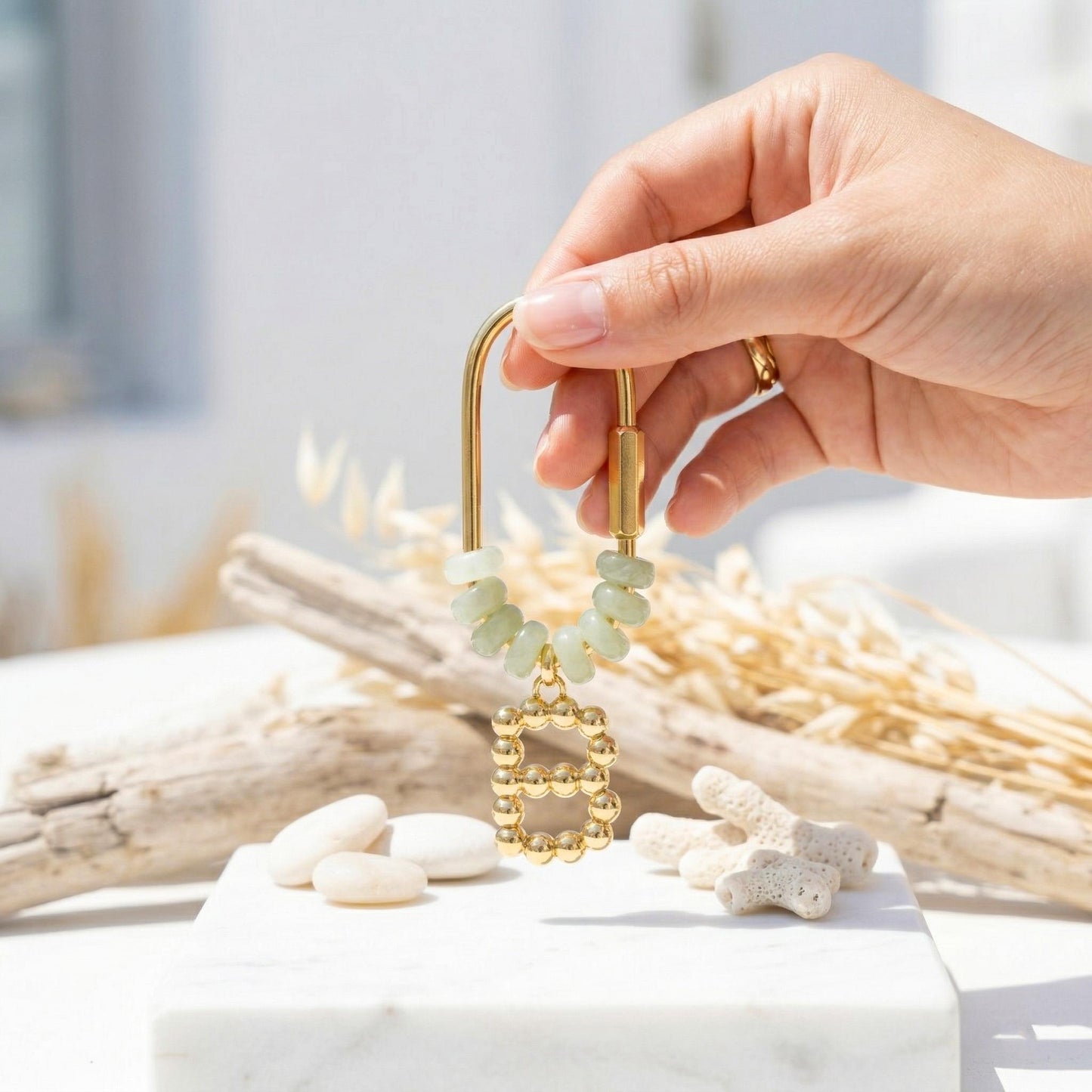 Personalized Gold Initial Bag Charm, Green Natural Stone Letter Keychain, Custom Bridesmaid Gift, Backpack Accessory for Mom
