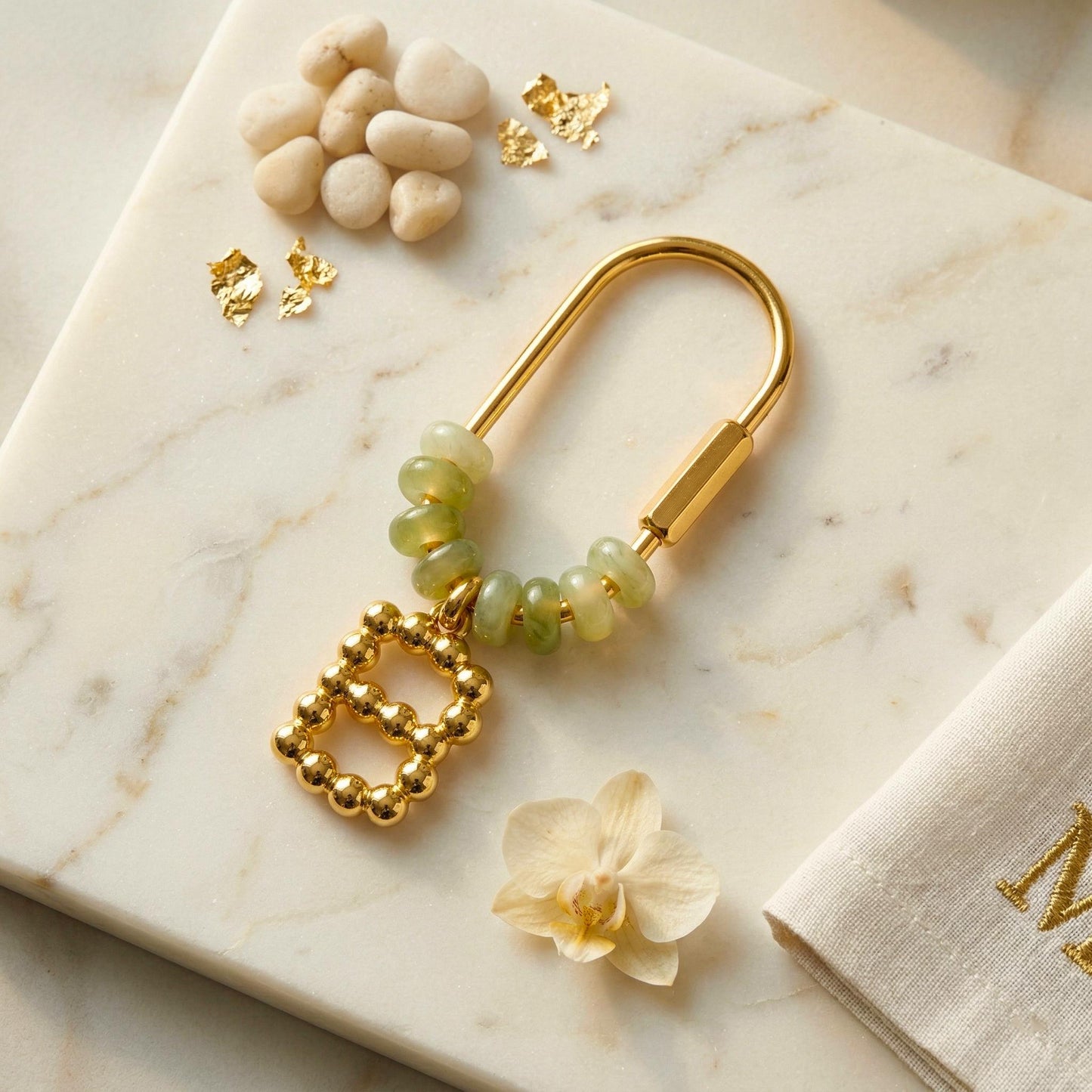 Personalized Gold Initial Bag Charm, Green Natural Stone Letter Keychain, Custom Bridesmaid Gift, Backpack Accessory for Mom