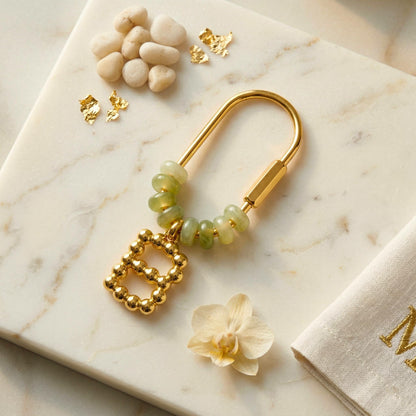 Personalized Gold Initial Bag Charm, Green Natural Stone Letter Keychain, Custom Bridesmaid Gift, Backpack Accessory for Mom