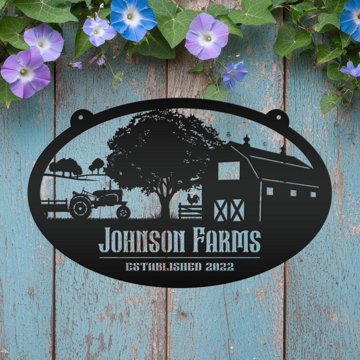 Custom Oval Tractor and Wagon Farm Scene - Your own wording