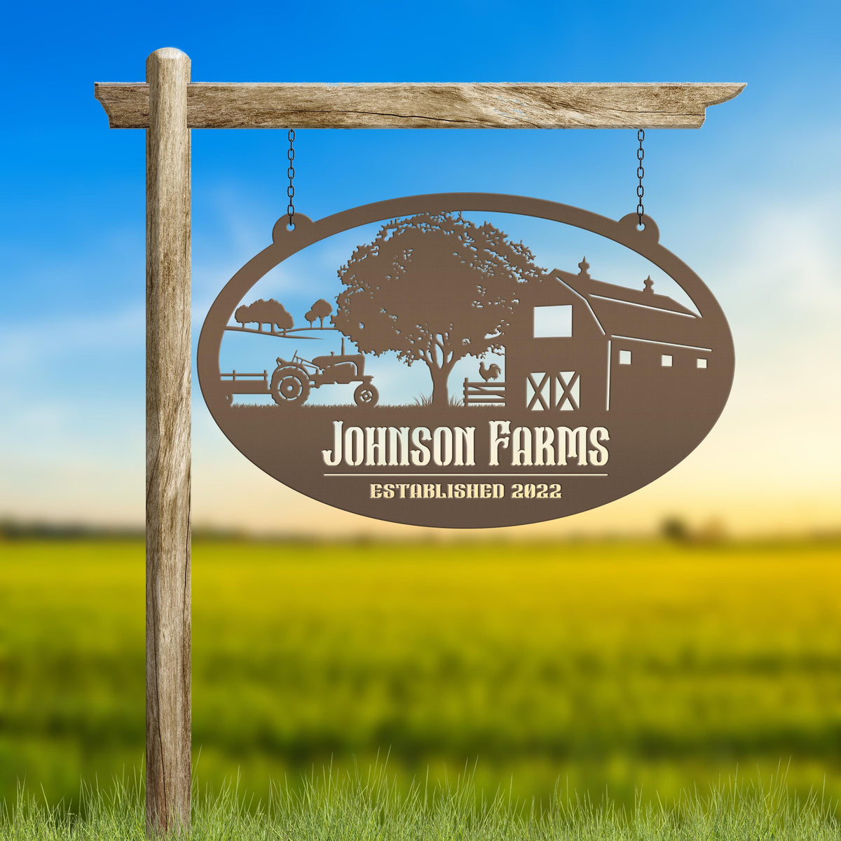 Custom Oval Tractor and Wagon Farm Scene - Your own wording