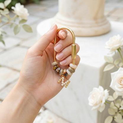 Natural Stone Bag Charm, Custom Pearl Initial Gold Letter Keychain, Beaded Purse Accessory, Personalized Bridesmaid Gift for Mom