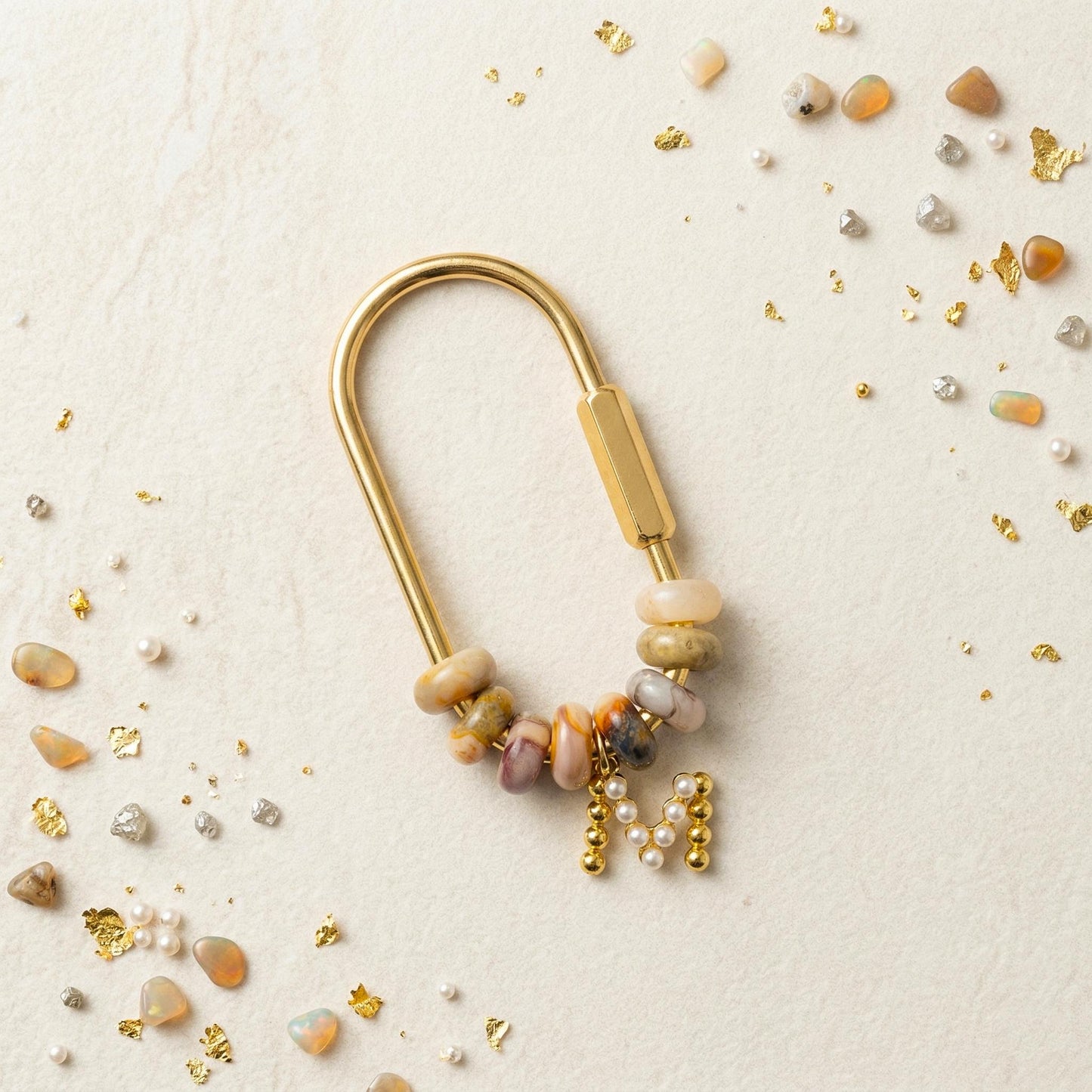 Natural Stone Bag Charm, Custom Pearl Initial Gold Letter Keychain, Beaded Purse Accessory, Personalized Bridesmaid Gift for Mom
