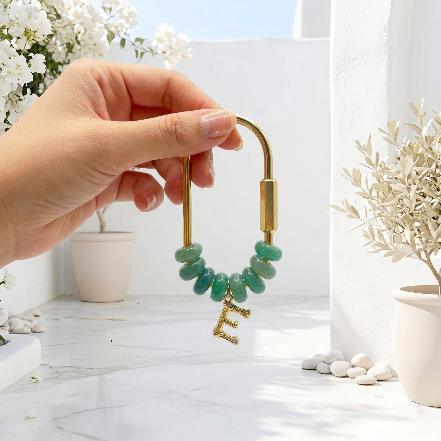 Personalized Stone Initial Keychain, Custom Gold Letter Bag Charm, Bridesmaid Gift for Her, Natural Green Stone Backpack Accessory, Mom Gift