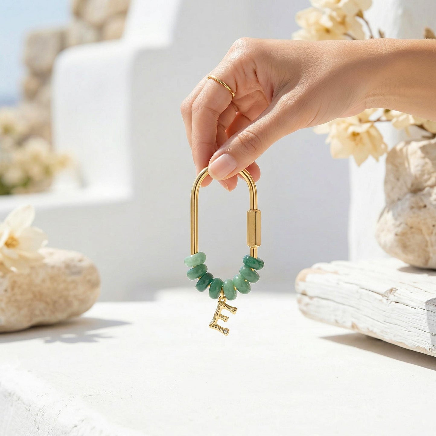 Personalized Stone Initial Keychain, Custom Gold Letter Bag Charm, Bridesmaid Gift for Her, Natural Green Stone Backpack Accessory, Mom Gift