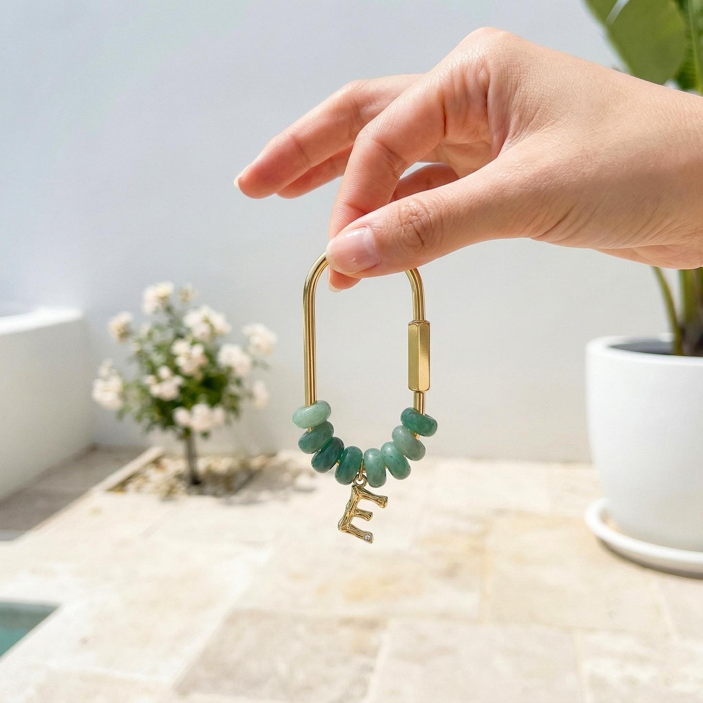 Personalized Stone Initial Keychain, Custom Gold Letter Bag Charm, Bridesmaid Gift for Her, Natural Green Stone Backpack Accessory, Mom Gift