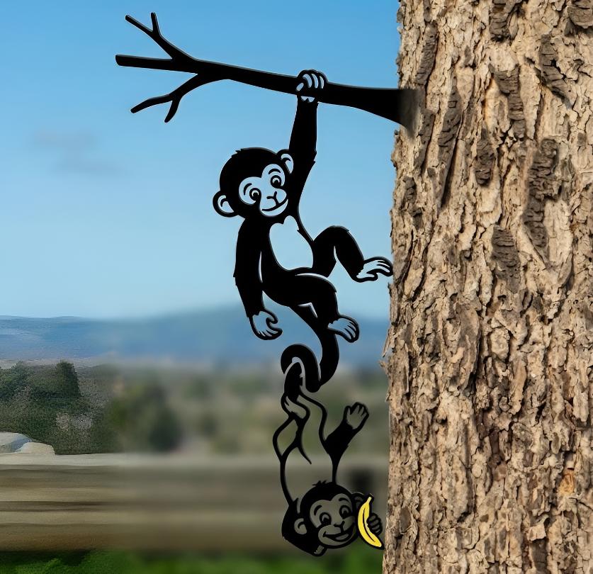 Monkey Metal Wall Art, Hanging Monkey Tree Decor, Cute Jungle Animal Garden Sign, Outdoor Yard Art