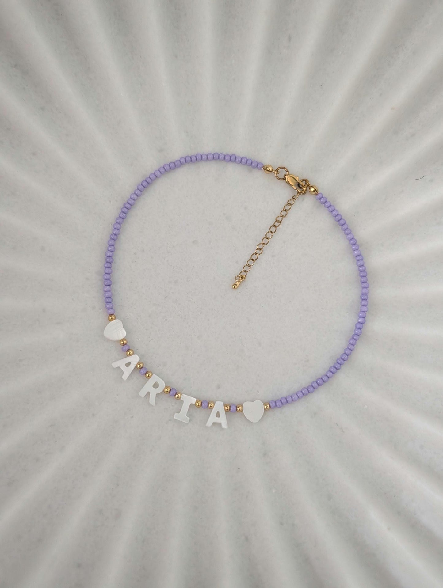 Purple custom name necklace for kids mother of Pearl letter name necklace, kids bright beaded necklace, birthday gift for little girls