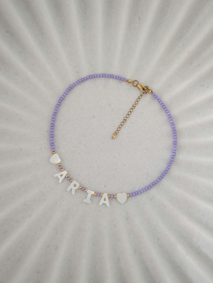 Purple custom name necklace for kids mother of Pearl letter name necklace, kids bright beaded necklace, birthday gift for little girls