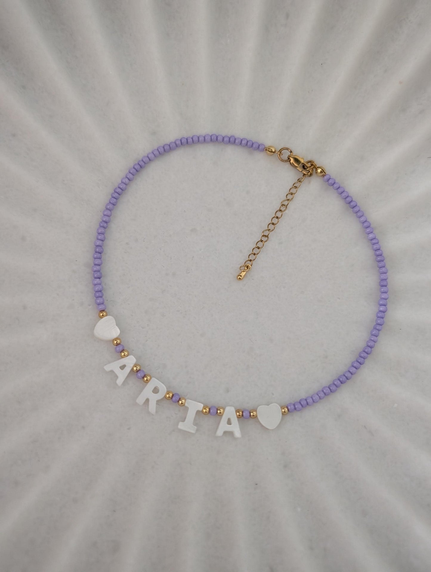 Purple custom name necklace for kids mother of Pearl letter name necklace, kids bright beaded necklace, birthday gift for little girls