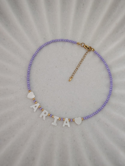 Purple custom name necklace for kids mother of Pearl letter name necklace, kids bright beaded necklace, birthday gift for little girls